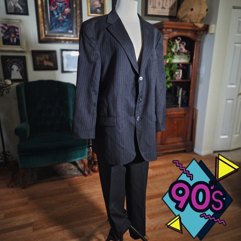 Vintage 90s Tommy Hilfiger Mens Pinstripe Suit Made in USA‎ Navy Blue 2 Piece